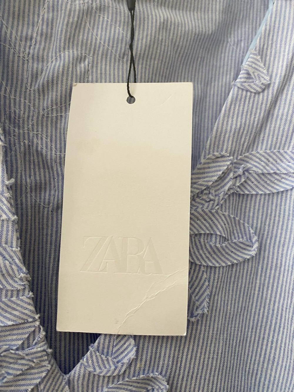 Zara embossed floral Light Blue V-Neck vertical stripe blouse with ruffle sleeve - Picture 3 of 9
